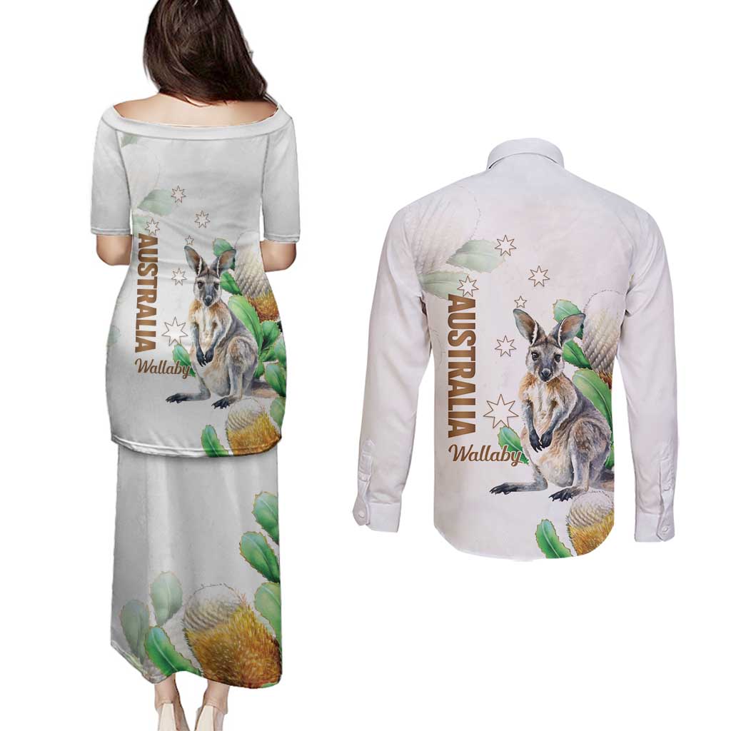 Australia Wallaby Couples Matching Puletasi and Long Sleeve Button Shirt Yellow Banksia Watercolor Style - Aussie Hoodie