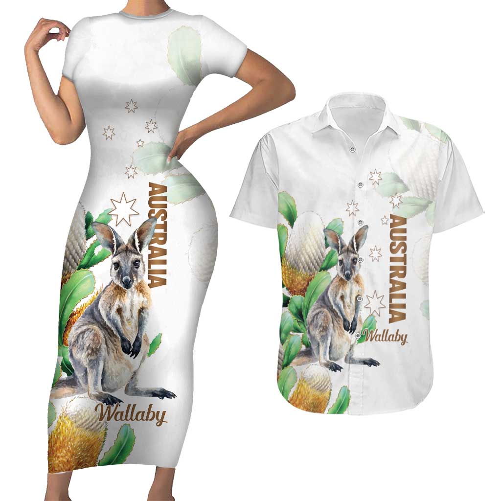 Australia Wallaby Couples Matching Short Sleeve Bodycon Dress and Hawaiian Shirt Yellow Banksia Watercolor Style - Aussie Hoodie