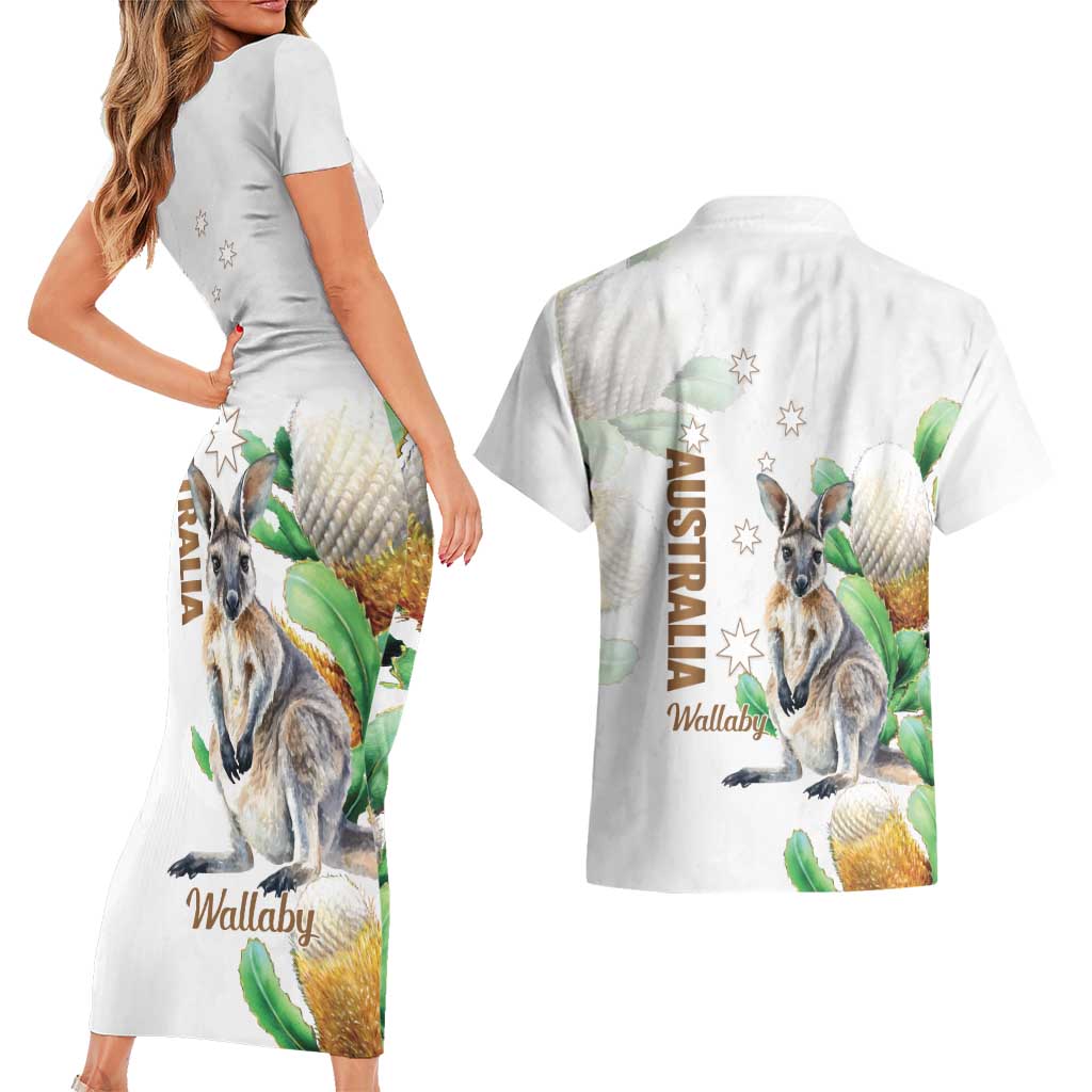 Australia Wallaby Couples Matching Short Sleeve Bodycon Dress and Hawaiian Shirt Yellow Banksia Watercolor Style - Aussie Hoodie
