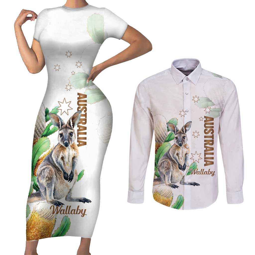 Australia Wallaby Couples Matching Short Sleeve Bodycon Dress and Long Sleeve Button Shirt Yellow Banksia Watercolor Style - Aussie Hoodie