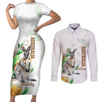 Australia Wallaby Couples Matching Short Sleeve Bodycon Dress and Long Sleeve Button Shirt Yellow Banksia Watercolor Style - Aussie Hoodie