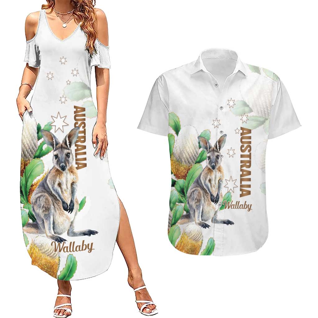 Australia Wallaby Couples Matching Summer Maxi Dress and Hawaiian Shirt Yellow Banksia Watercolor Style - Aussie Hoodie