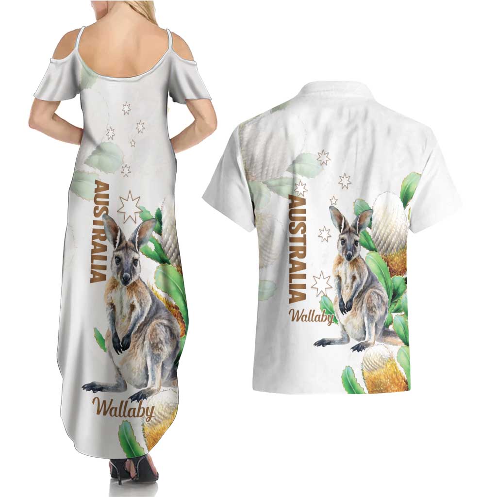 Australia Wallaby Couples Matching Summer Maxi Dress and Hawaiian Shirt Yellow Banksia Watercolor Style - Aussie Hoodie