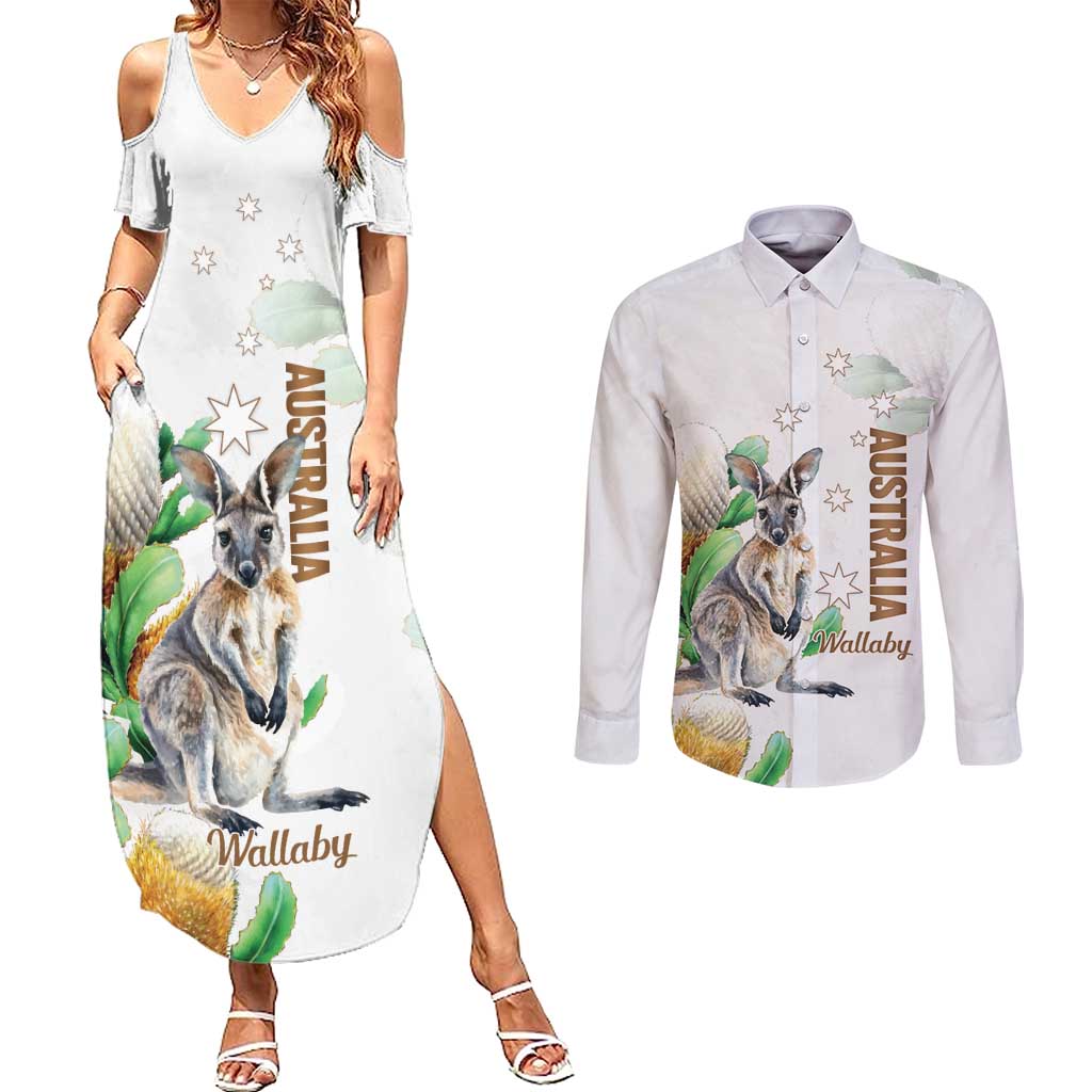 Australia Wallaby Couples Matching Summer Maxi Dress and Long Sleeve Button Shirt Yellow Banksia Watercolor Style - Aussie Hoodie