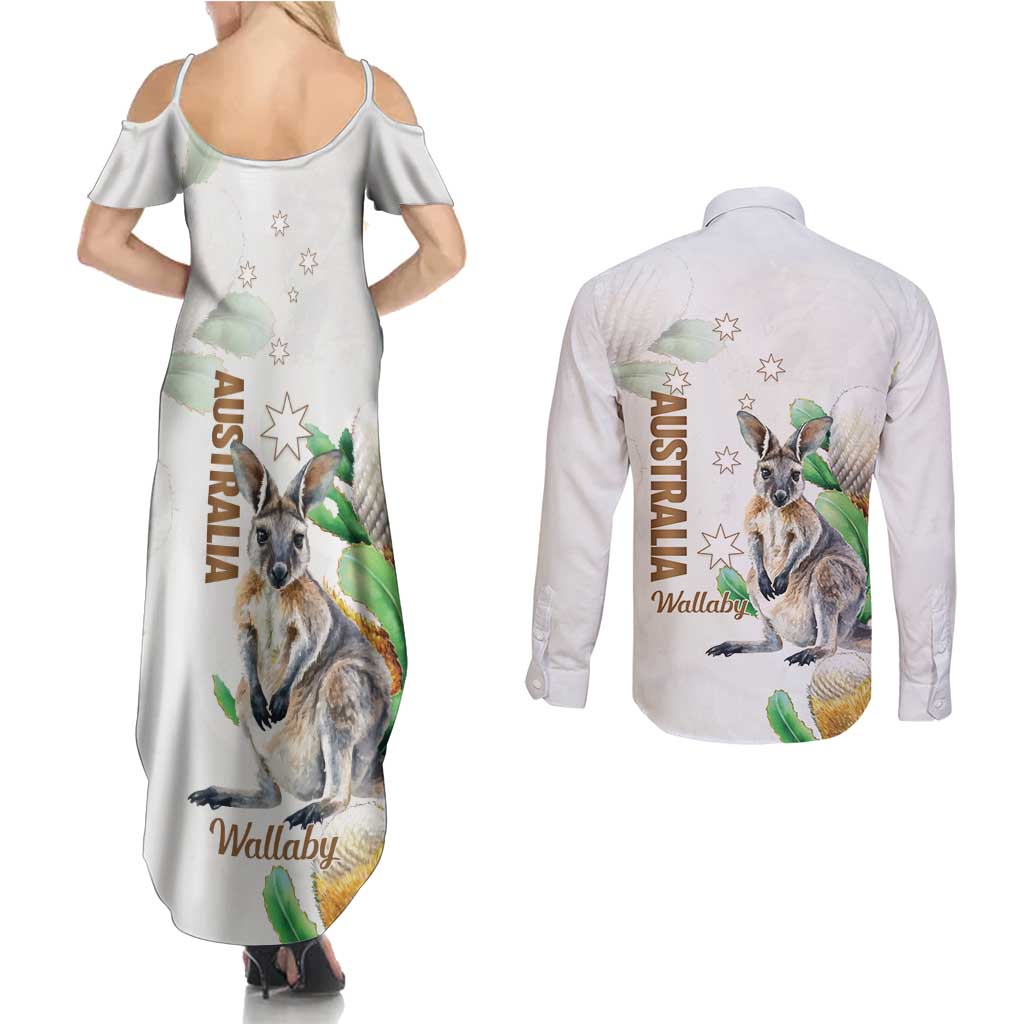 Australia Wallaby Couples Matching Summer Maxi Dress and Long Sleeve Button Shirt Yellow Banksia Watercolor Style - Aussie Hoodie