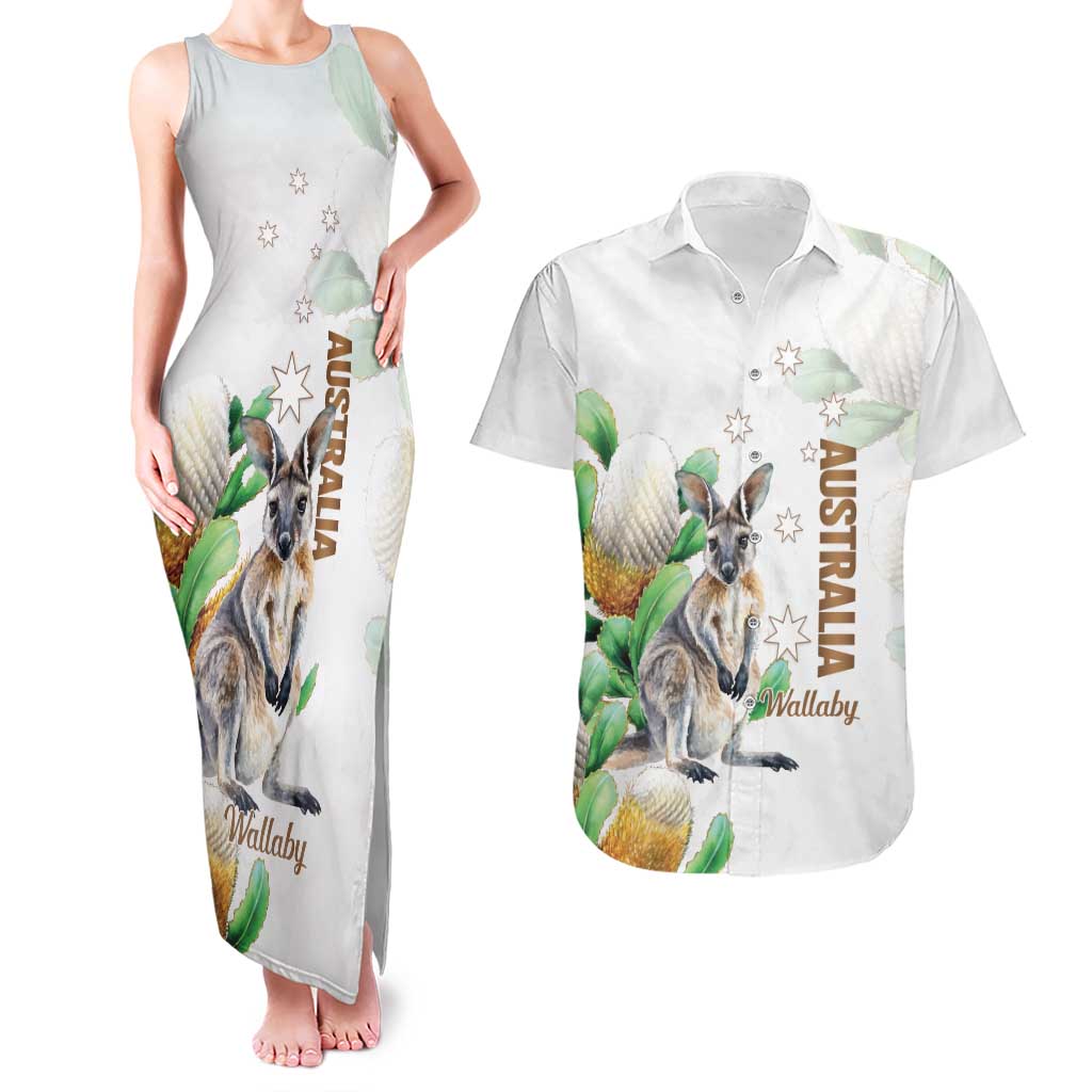 Australia Wallaby Couples Matching Tank Maxi Dress and Hawaiian Shirt Yellow Banksia Watercolor Style - Aussie Hoodie