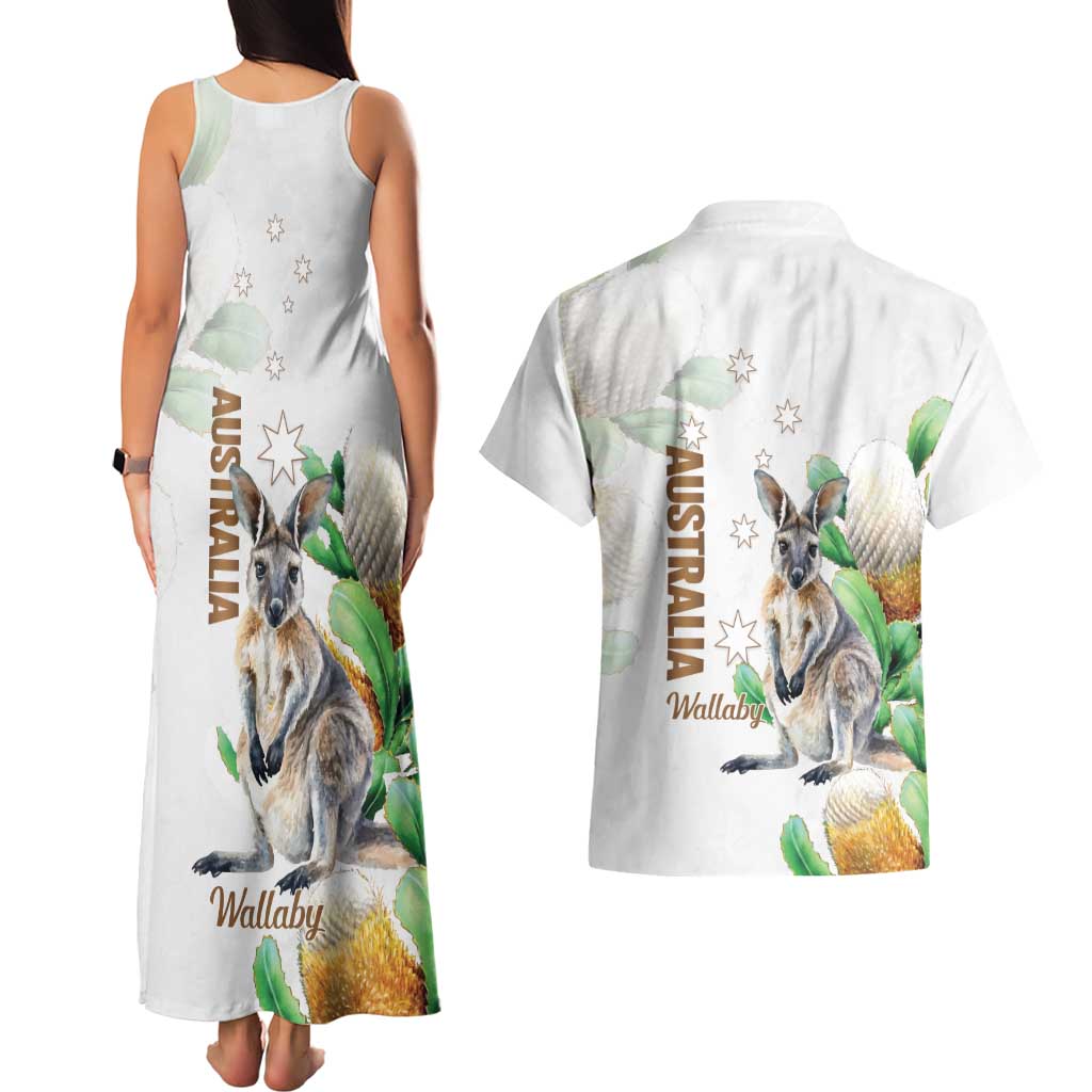 Australia Wallaby Couples Matching Tank Maxi Dress and Hawaiian Shirt Yellow Banksia Watercolor Style - Aussie Hoodie