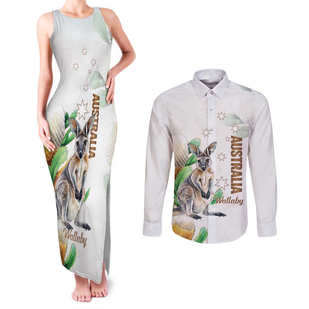 Australia Wallaby Couples Matching Tank Maxi Dress and Long Sleeve Button Shirt Yellow Banksia Watercolor Style - Aussie Hoodie