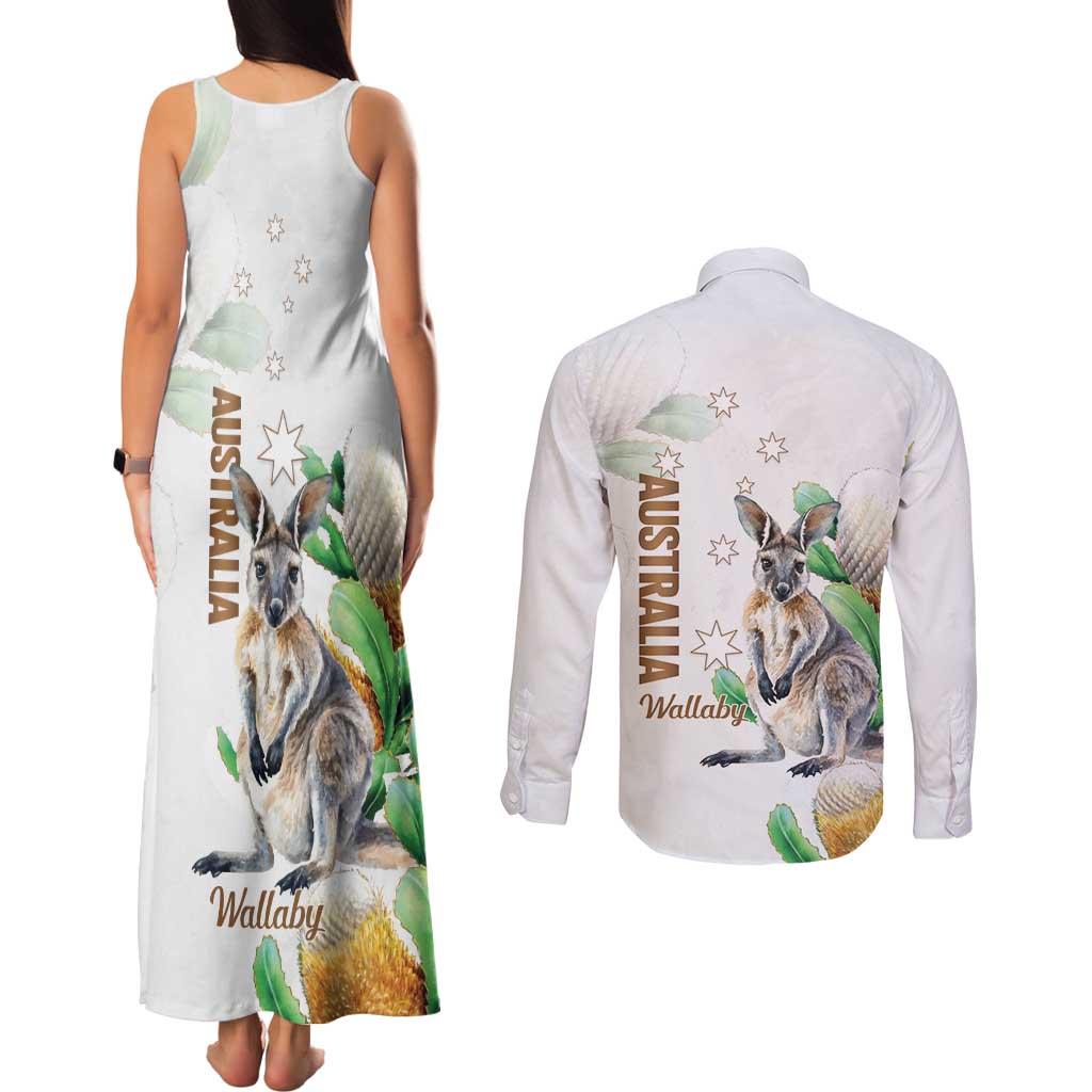 Australia Wallaby Couples Matching Tank Maxi Dress and Long Sleeve Button Shirt Yellow Banksia Watercolor Style - Aussie Hoodie