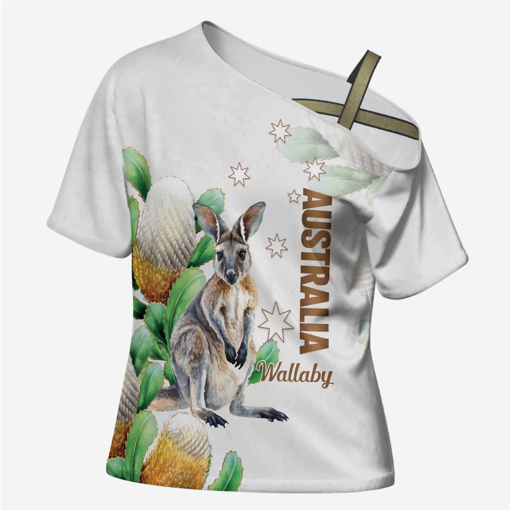 Australia Wallaby Cross Shoulder Shirt Yellow Banksia Watercolor Style - Aussie Hoodie