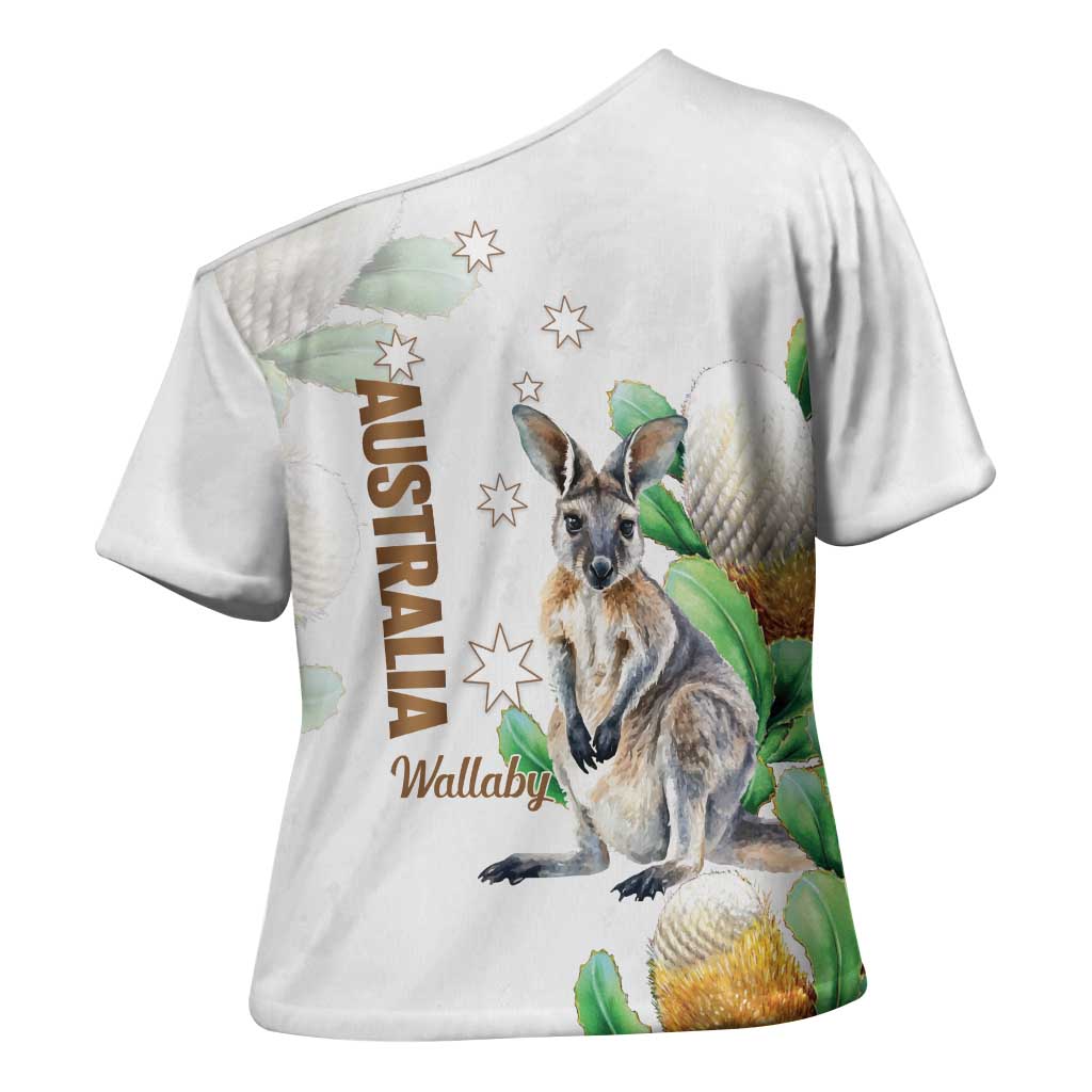 Australia Wallaby Cross Shoulder Shirt Yellow Banksia Watercolor Style - Aussie Hoodie