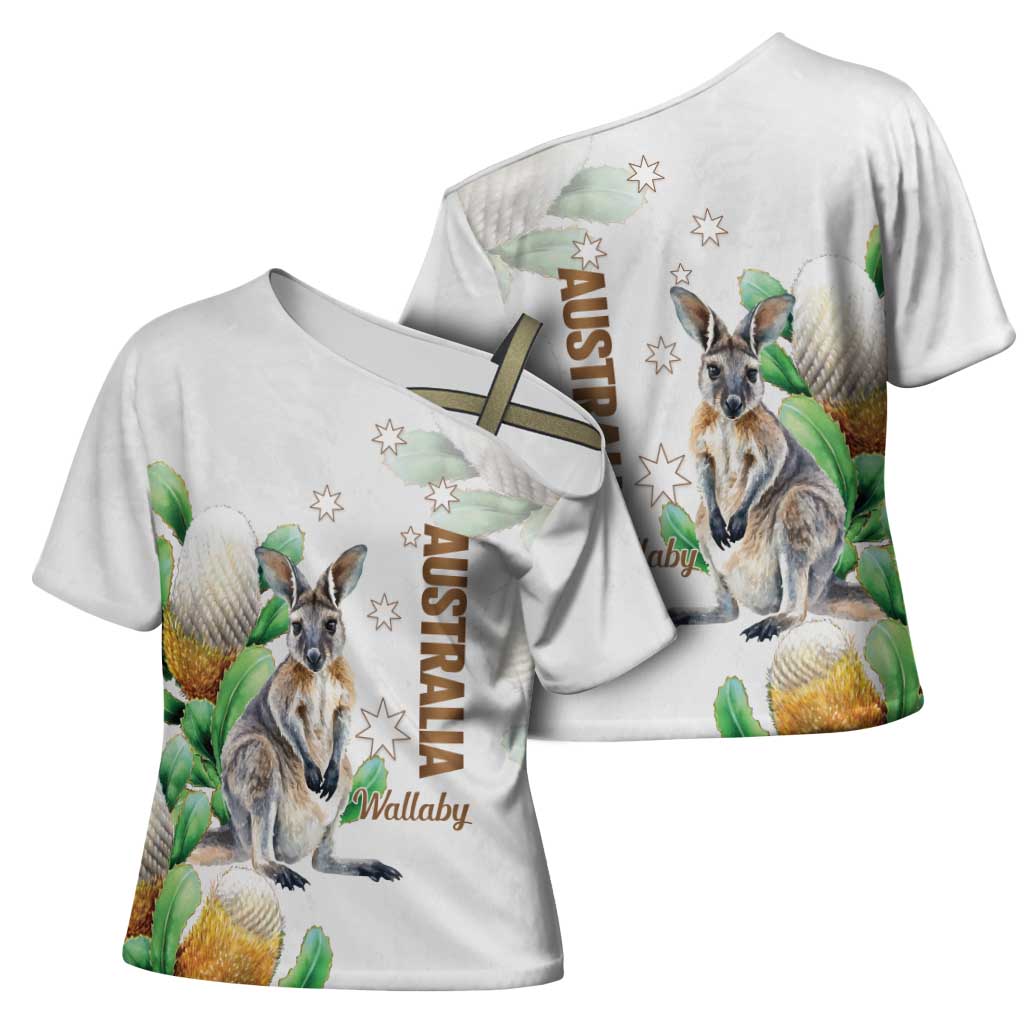 Australia Wallaby Cross Shoulder Shirt Yellow Banksia Watercolor Style - Aussie Hoodie