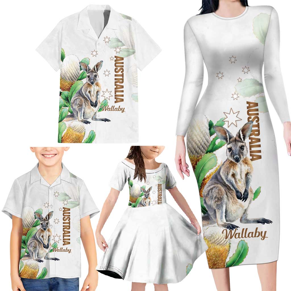 Australia Wallaby Family Matching Long Sleeve Bodycon Dress and Hawaiian Shirt Yellow Banksia Watercolor Style - Aussie Hoodie