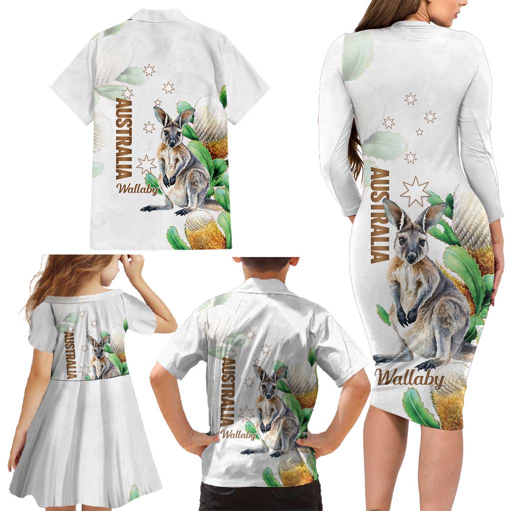 Australia Wallaby Family Matching Long Sleeve Bodycon Dress and Hawaiian Shirt Yellow Banksia Watercolor Style - Aussie Hoodie