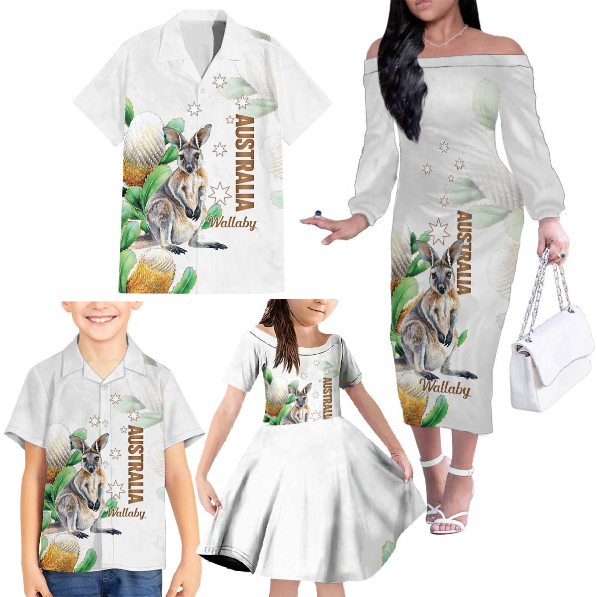 Australia Wallaby Family Matching Off The Shoulder Long Sleeve Dress and Hawaiian Shirt Yellow Banksia Watercolor Style - Aussie Hoodie