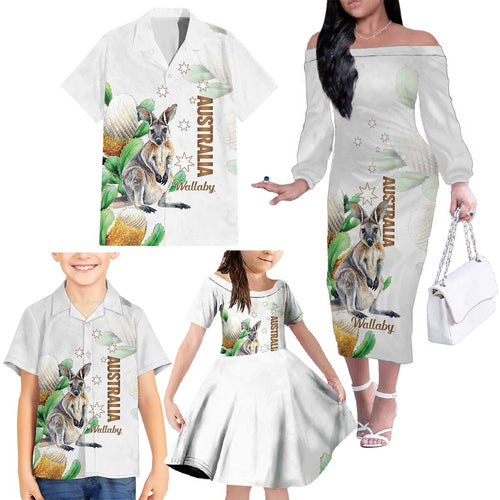 Australia Wallaby Family Matching Off The Shoulder Long Sleeve Dress and Hawaiian Shirt Yellow Banksia Watercolor Style - Aussie Hoodie