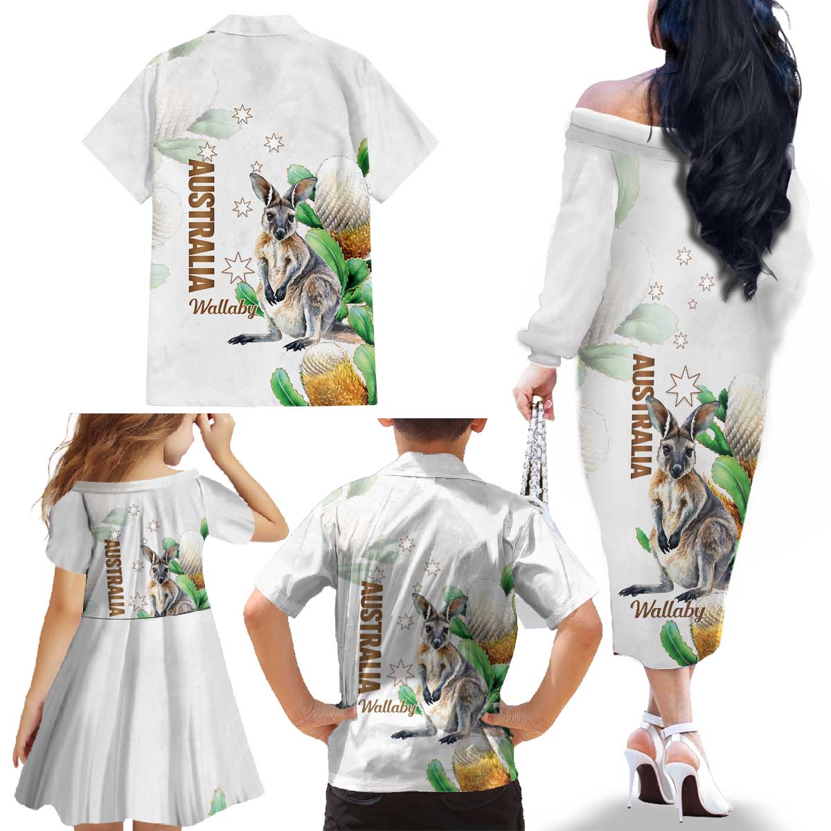 Australia Wallaby Family Matching Off The Shoulder Long Sleeve Dress and Hawaiian Shirt Yellow Banksia Watercolor Style - Aussie Hoodie