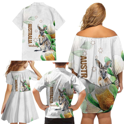 Australia Wallaby Family Matching Off Shoulder Short Dress and Hawaiian Shirt Yellow Banksia Watercolor Style - Aussie Hoodie