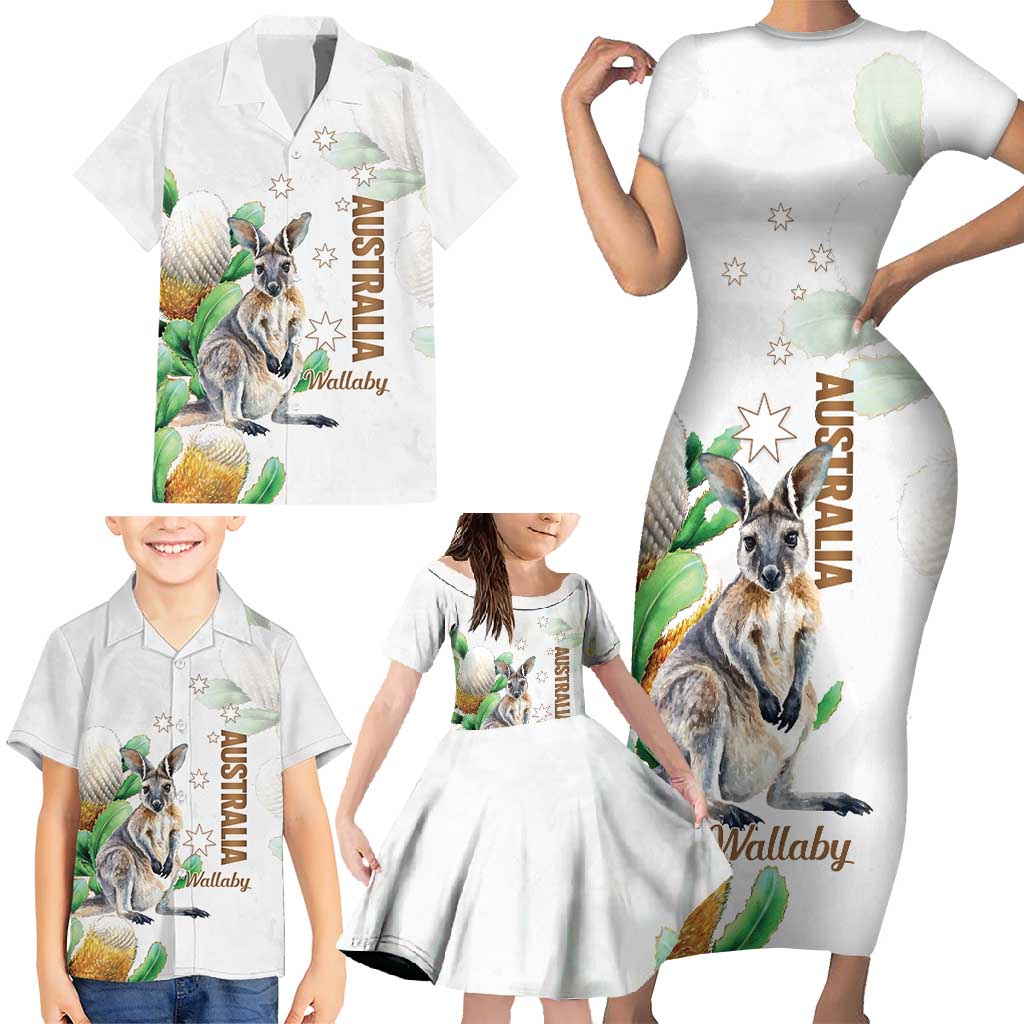 Australia Wallaby Family Matching Short Sleeve Bodycon Dress and Hawaiian Shirt Yellow Banksia Watercolor Style - Aussie Hoodie