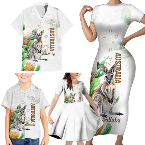 Australia Wallaby Family Matching Short Sleeve Bodycon Dress and Hawaiian Shirt Yellow Banksia Watercolor Style - Aussie Hoodie