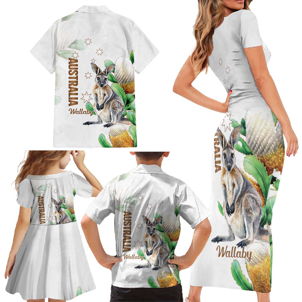 Australia Wallaby Family Matching Short Sleeve Bodycon Dress and Hawaiian Shirt Yellow Banksia Watercolor Style - Aussie Hoodie