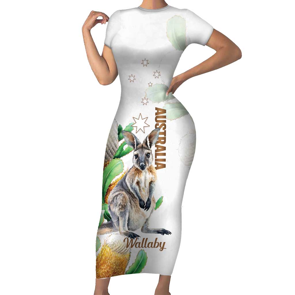 Australia Wallaby Family Matching Short Sleeve Bodycon Dress and Hawaiian Shirt Yellow Banksia Watercolor Style - Aussie Hoodie