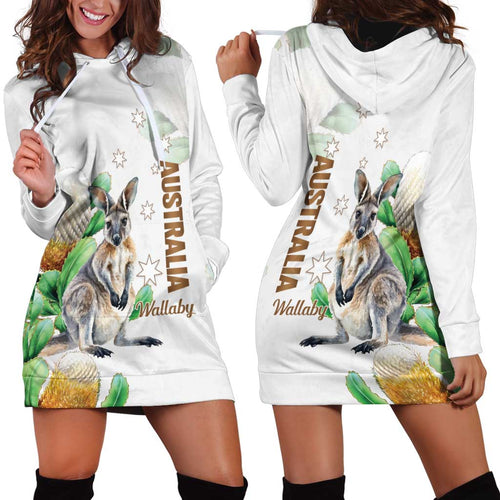 Australia Wallaby Hoodie Dress Yellow Banksia Watercolor Style - Aussie Hoodie