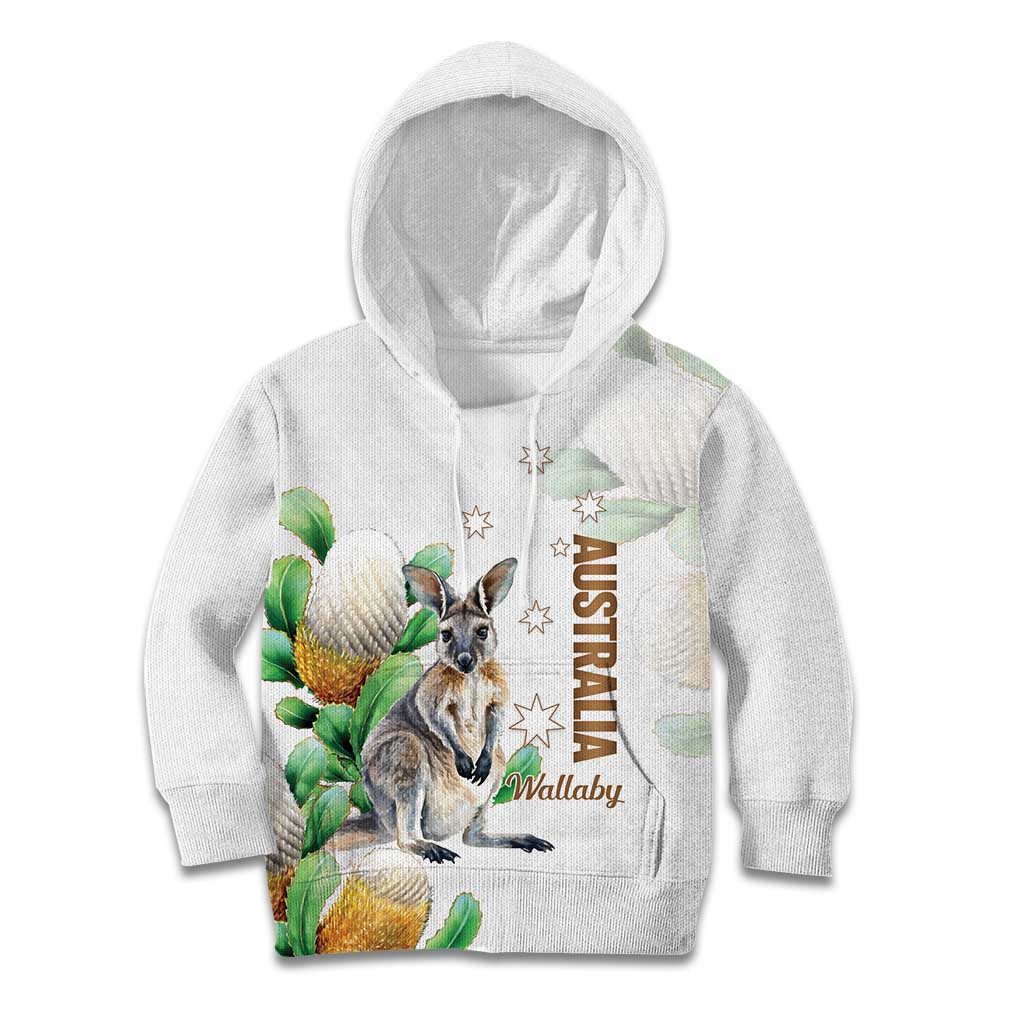 Australia Wallaby Kid Hoodie Yellow Banksia Watercolor Style - Aussie Hoodie