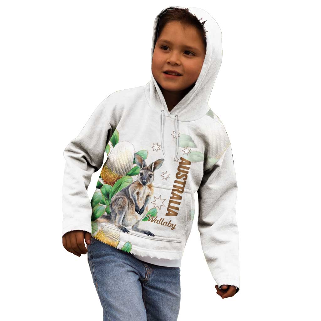Australia Wallaby Kid Hoodie Yellow Banksia Watercolor Style - Aussie Hoodie