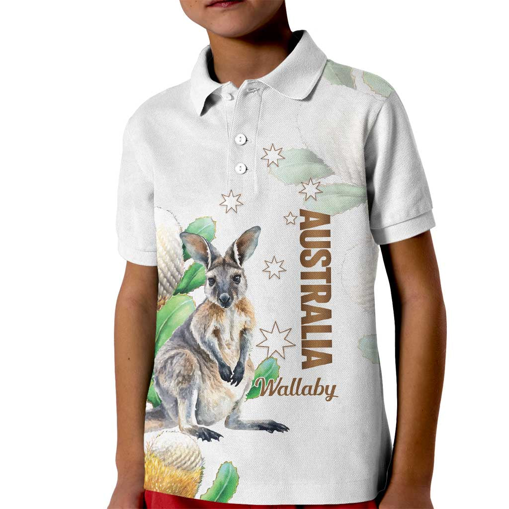 Australia Wallaby Kid Polo Shirt Yellow Banksia Watercolor Style - Aussie Hoodie