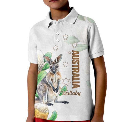 Australia Wallaby Kid Polo Shirt Yellow Banksia Watercolor Style - Aussie Hoodie