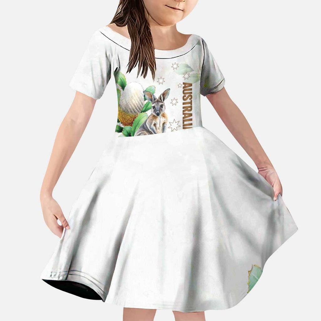 Australia Wallaby Kid Short Sleeve Dress Yellow Banksia Watercolor Style - Aussie Hoodie