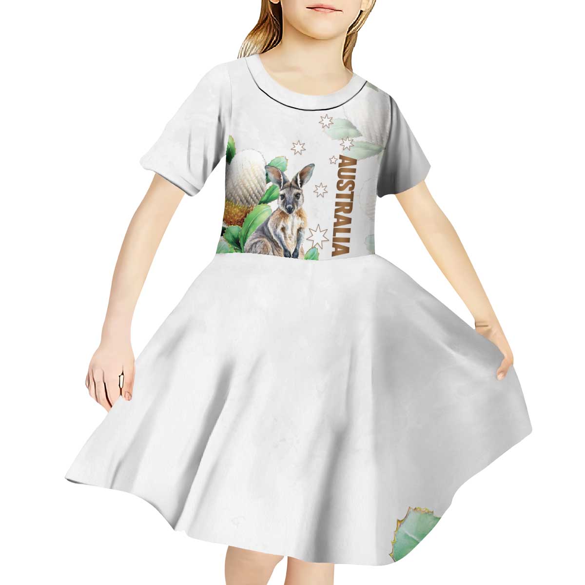 Australia Wallaby Kid Short Sleeve Dress Yellow Banksia Watercolor Style - Aussie Hoodie