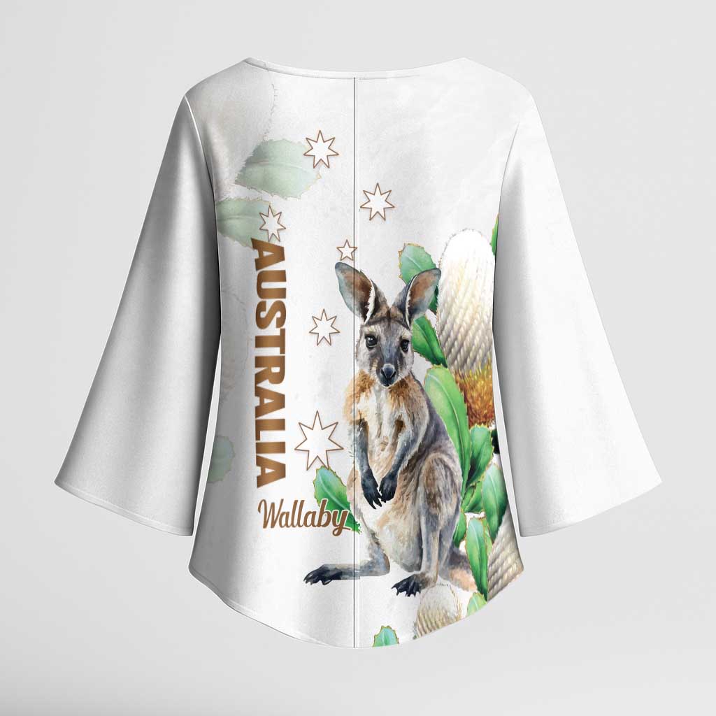Australia Wallaby Kimono Sleeve Blouse Yellow Banksia Watercolor Style - Aussie Hoodie