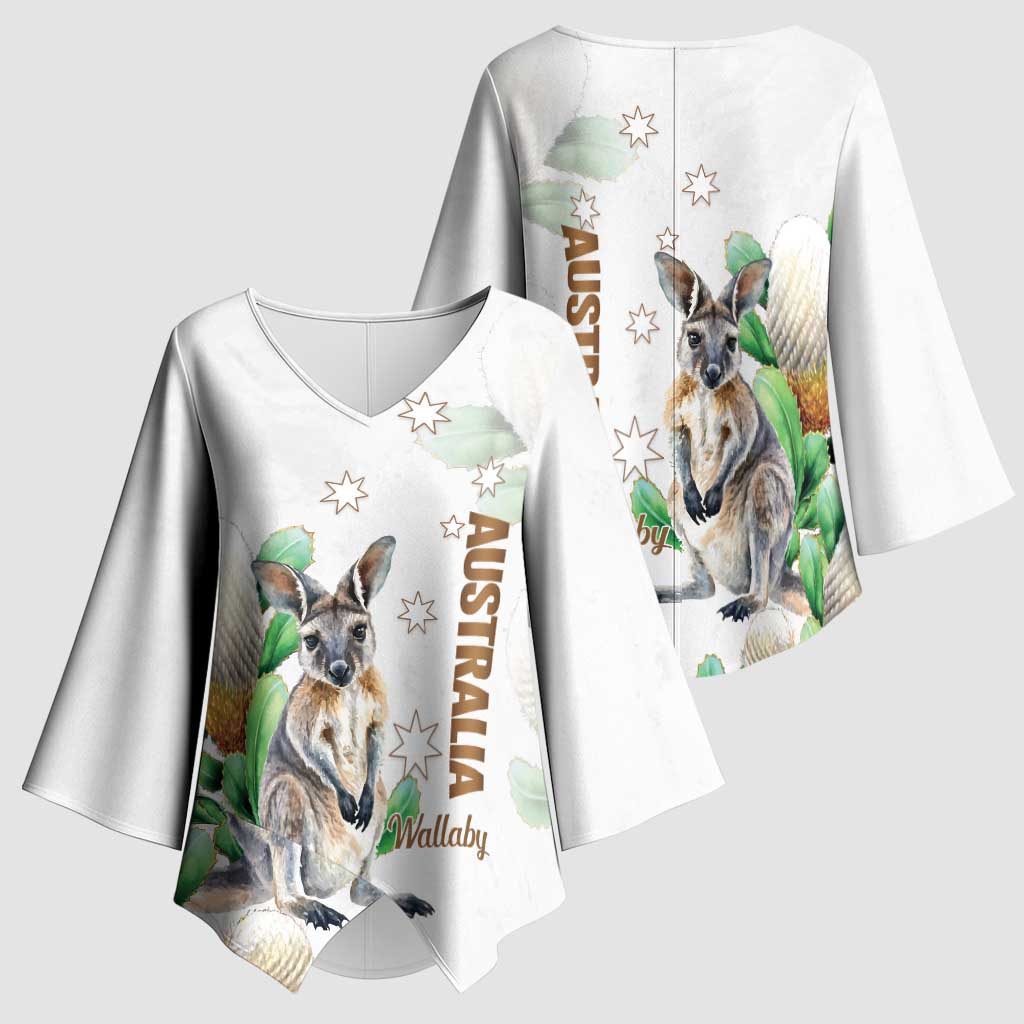 Australia Wallaby Kimono Sleeve Blouse Yellow Banksia Watercolor Style - Aussie Hoodie