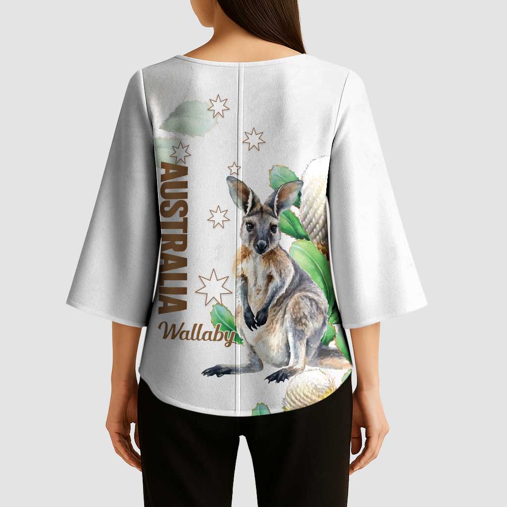 Australia Wallaby Kimono Sleeve Blouse Yellow Banksia Watercolor Style - Aussie Hoodie
