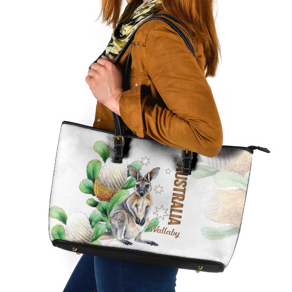 Australia Wallaby Leather Tote Bag Yellow Banksia Watercolor Style - Aussie Hoodie