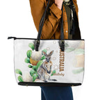 Australia Wallaby Leather Tote Bag Yellow Banksia Watercolor Style - Aussie Hoodie