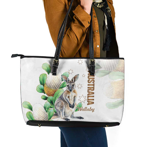 Australia Wallaby Leather Tote Bag Yellow Banksia Watercolor Style - Aussie Hoodie