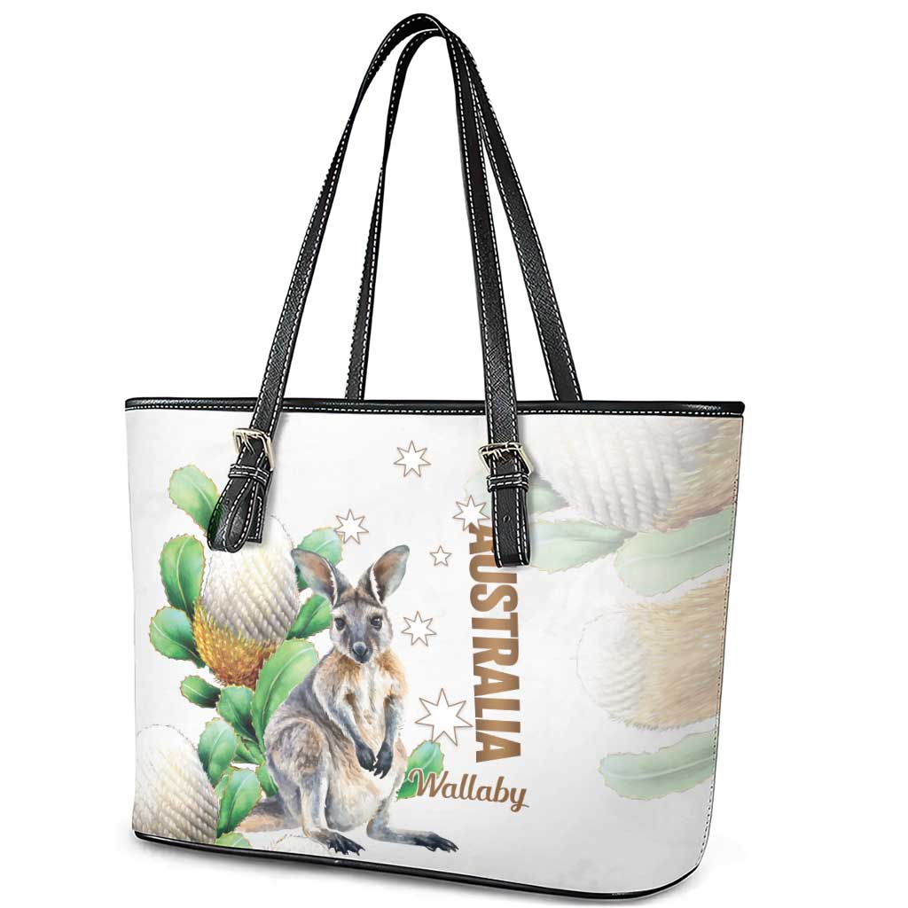 Australia Wallaby Leather Tote Bag Yellow Banksia Watercolor Style - Aussie Hoodie