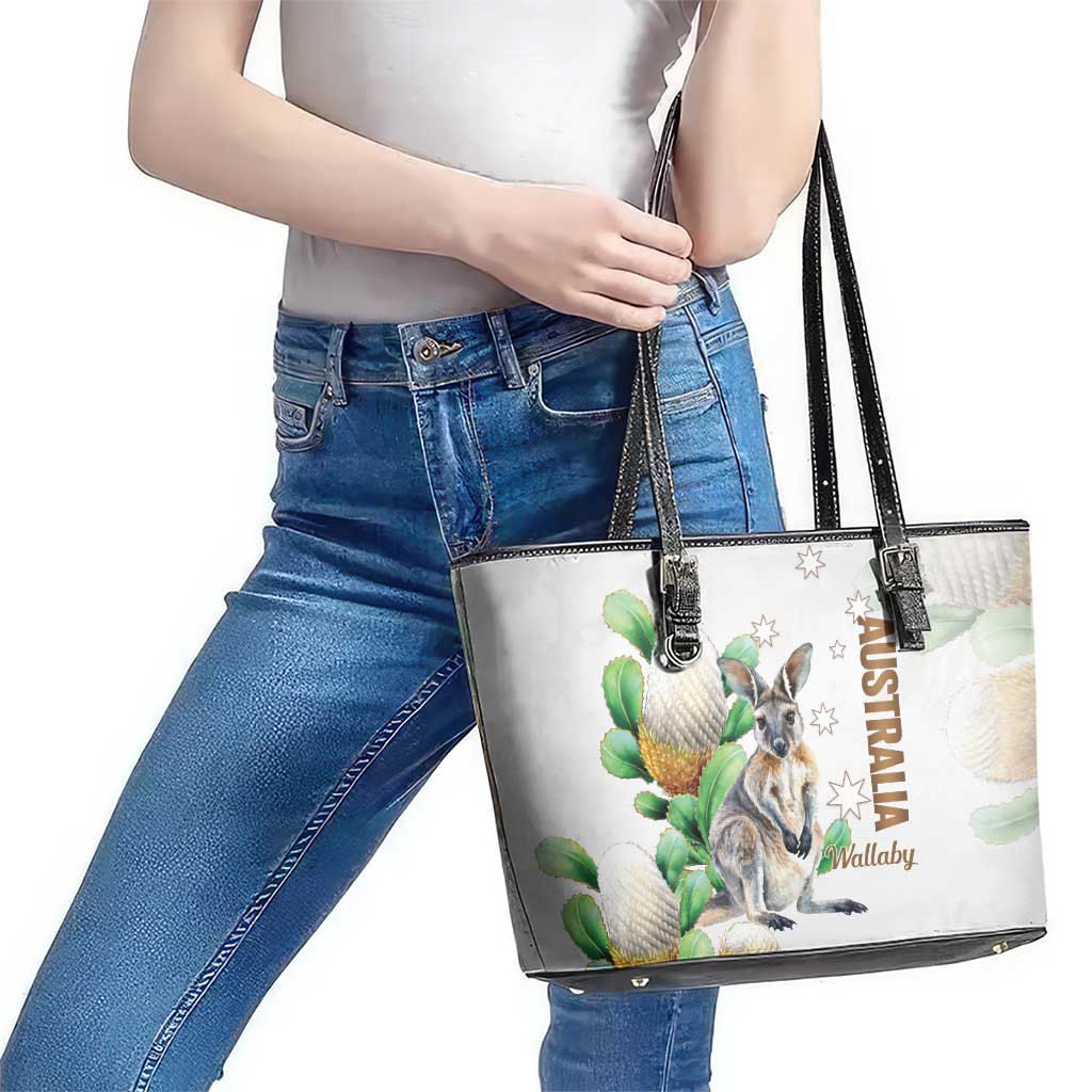 Australia Wallaby Leather Tote Bag Yellow Banksia Watercolor Style - Aussie Hoodie