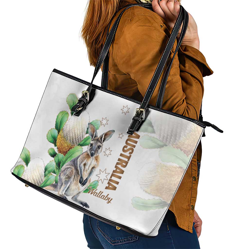 Australia Wallaby Leather Tote Bag Yellow Banksia Watercolor Style - Aussie Hoodie