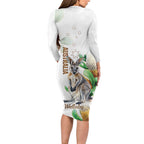Australia Wallaby Long Sleeve Bodycon Dress Yellow Banksia Watercolor Style - Aussie Hoodie