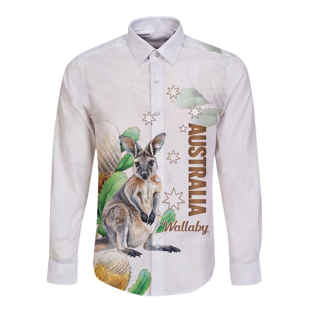 Australia Wallaby Long Sleeve Button Shirt Yellow Banksia Watercolor Style - Aussie Hoodie