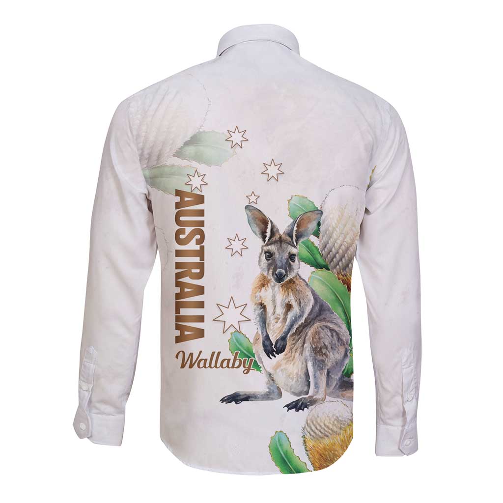Australia Wallaby Long Sleeve Button Shirt Yellow Banksia Watercolor Style - Aussie Hoodie
