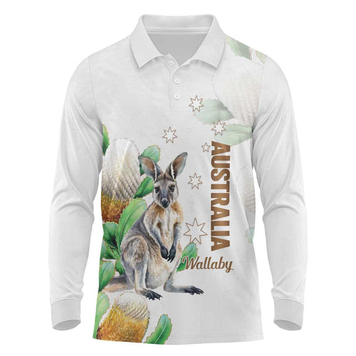 Australia Wallaby Long Sleeve Polo Shirt Yellow Banksia Watercolor Style - Aussie Hoodie