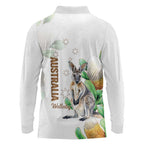 Australia Wallaby Long Sleeve Polo Shirt Yellow Banksia Watercolor Style - Aussie Hoodie