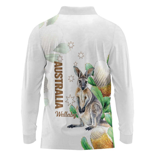 Australia Wallaby Long Sleeve Polo Shirt Yellow Banksia Watercolor Style - Aussie Hoodie