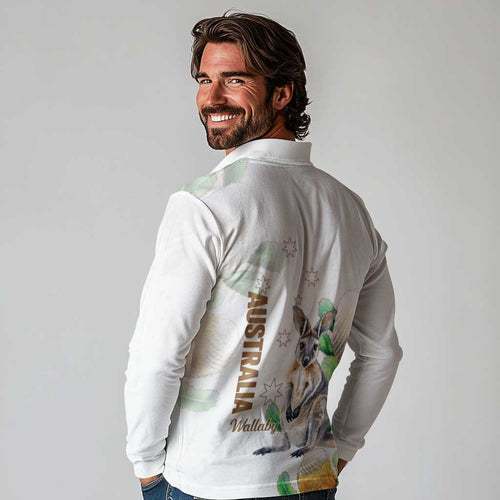 Australia Wallaby Long Sleeve Polo Shirt Yellow Banksia Watercolor Style - Aussie Hoodie