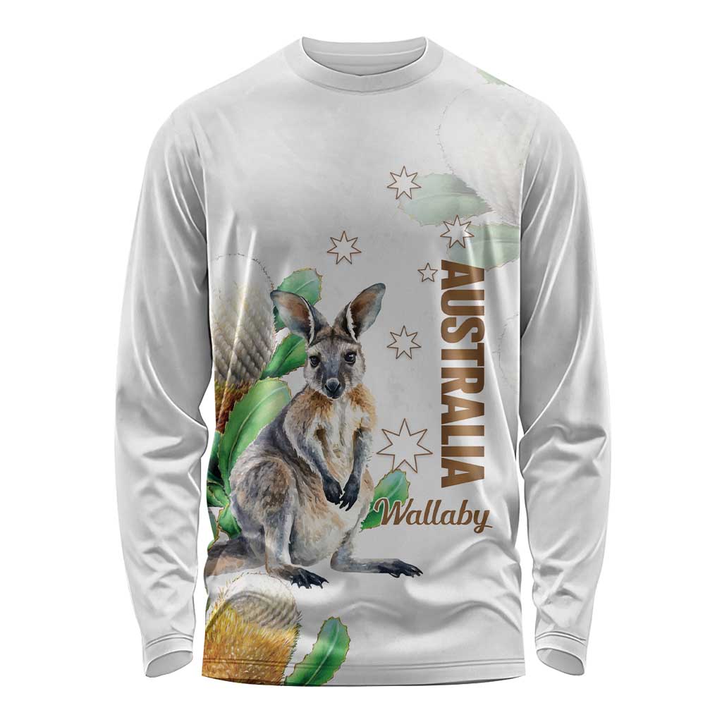 Australia Wallaby Long Sleeve Shirt Yellow Banksia Watercolor Style - Aussie Hoodie